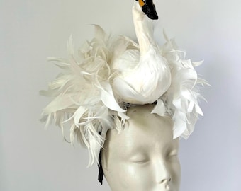 White Fascinator- Swan Headband- Mad hatter TeaParty- Medium size