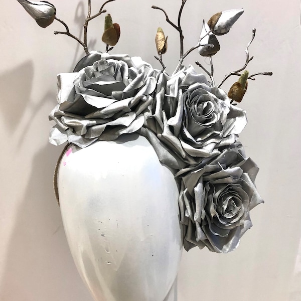 Silver Fascinator- Rose Headpiece -Flower Hat