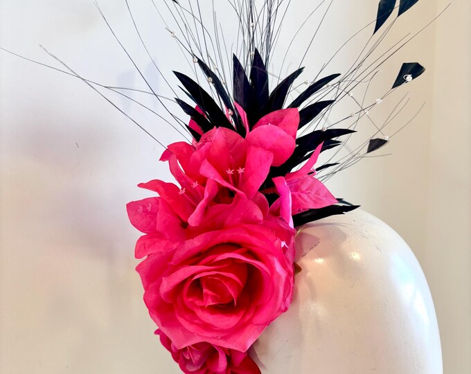 Hot pink black Feather Fascinator-Derby Fashion- Tea party Feather Hat