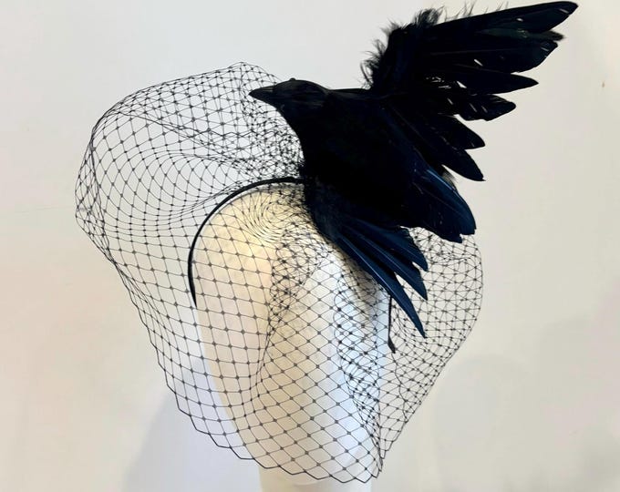 Black Fascinator- Crow with veil- -Raven Bird Headband- Halloween