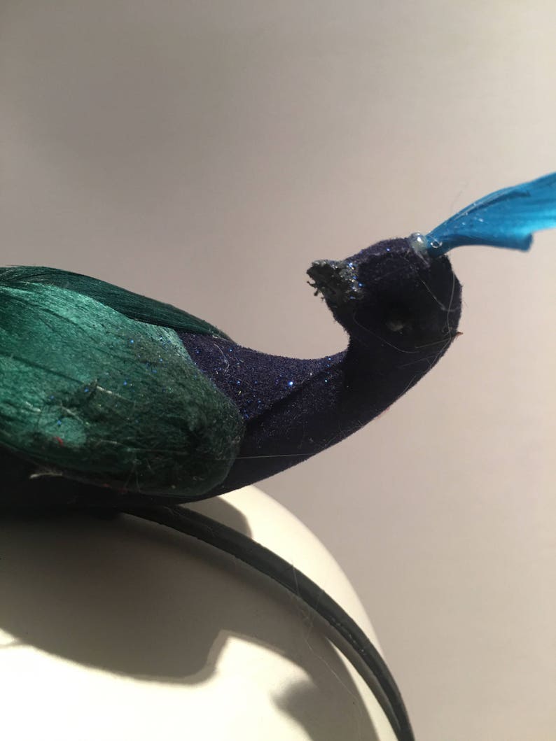 May include: A peacock headband with a blue feather, green and blue velvet, and a black headband.