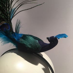 May include: A peacock headband with blue and green feathers. The peacock is perched on a black headband.