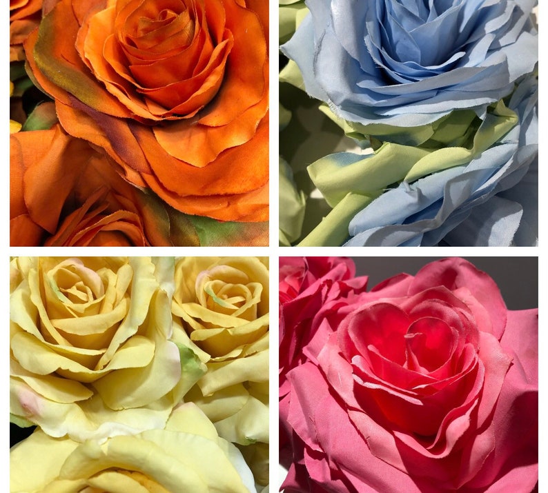May include: A collage of four artificial rose arrangements featuring distinct color palettes. The top left shows deep orange roses, the top right displays light blue roses with green leaves, the bottom left features pale yellow roses, and the bottom right shows vibrant pink roses.