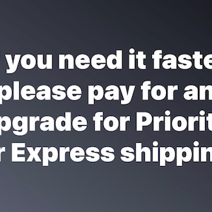 May include: White text on a gradient gray background reads: "If you need it faster please pay for an upgrade for Priority or Express shipping."
