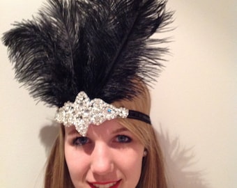 Flapper headpiece -Black Feather Head Wrap