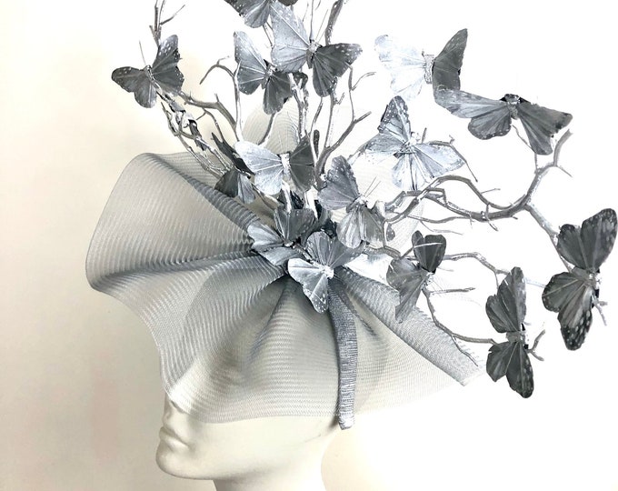 Silver Fascinator- Derby Hat- Butterfly Headpiece- Wedding