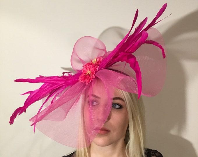 Hot pink Fascinator for Derby- Luncheon Feather Hat