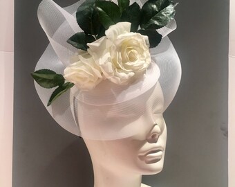 White Fascinator- Rose Cocktail hat- Derby- Wedding -Garden fascinator