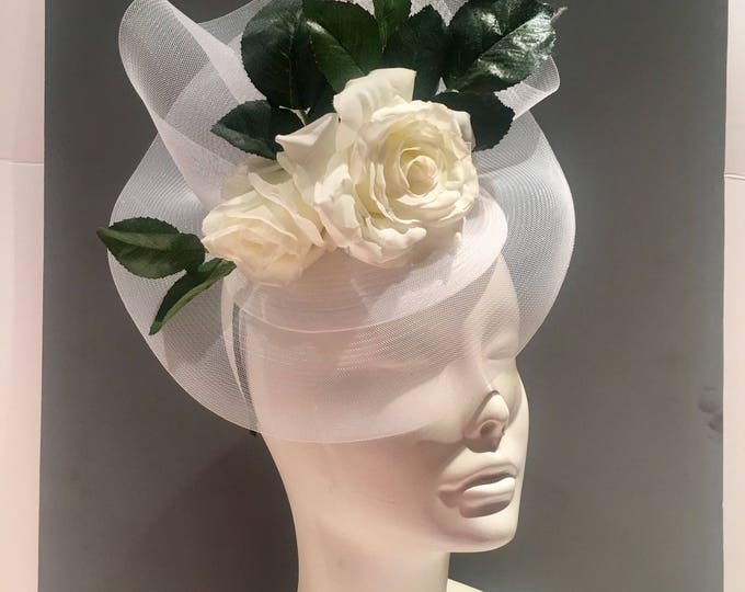White Fascinator- Rose Cocktail hat- Derby- Wedding -Garden fascinator