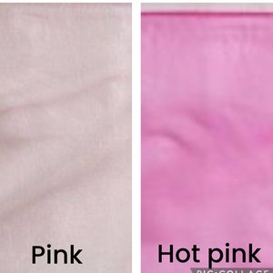 May include: Two fabric swatches, one is a light pink and the other is a hot pink. The swatches are labeled "Pink" and "Hot pink".