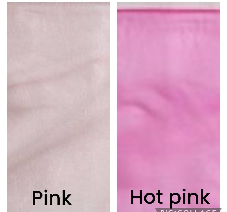 May include: Two fabric swatches, one is a light pink and the other is a hot pink. The swatches are labeled "Pink" and "Hot pink".