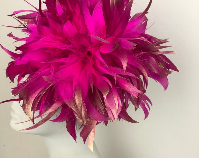 Hot pink -gold Fascinator- Wedding - Derby Feather Hat