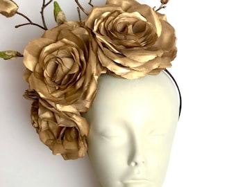 Gold Fascinator- Rose Headpiece -Flower Luncheon Hat -Derby