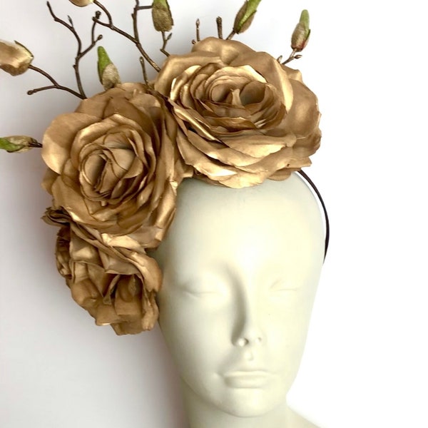 Gold Fascinator- Rose Headpiece -Flower Hat