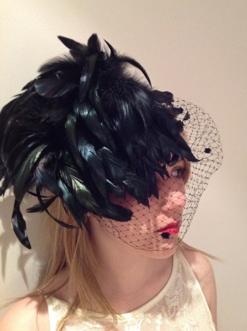 Black Fascinator With Birdcage Veil Feather Etsy