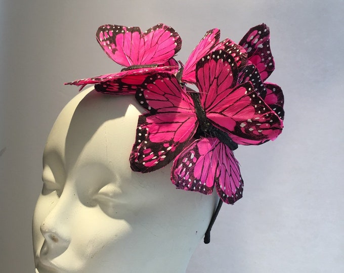 Hot pink fascinator- Butterfly headpiece -Derby- Mad Hatter- Wedding