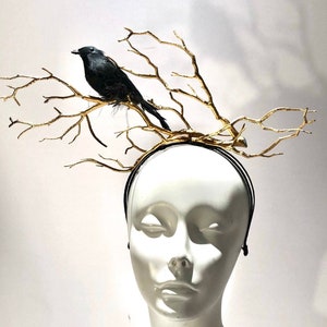 Black Fascinators- Black Crow Headband- Derby- Gold Branch