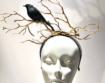 Black Fascinators- Black Crow Headband- Derby- Gold Branch