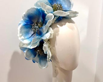 Blue silver Fascinator- Magnolia Derby flower headpiece- Tea party