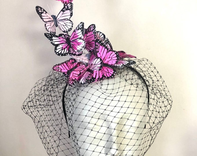 Hot pink Fascinator for Wedding -Veiled hat- Derby