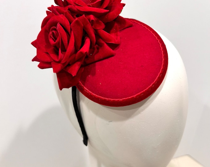 Red velvet Flower Fascinator headpiece- Tea Party -Derby Hat- Wedding