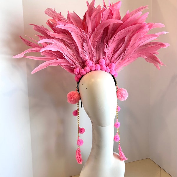 Pom pom headpiece- Pink headband -Tribal- Music festival