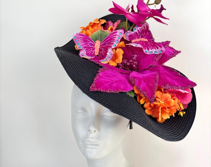 Fuchsia orange black Hat- Fascinator-Derby- Luncheon- One of a kind