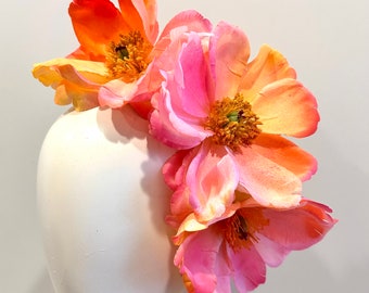 Pink orange Fascinator- Magnolia Headband -Tea party or horse race.