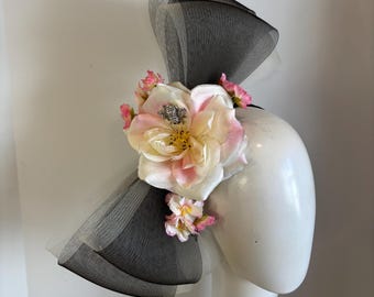 Large Bow Fascinators -Derby- Black Pink Rose and Cherry Blossom Headband