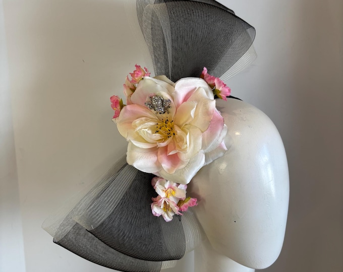 Large Bow Fascinators -Derby- Black Pink Rose and Cherry Blossom Headband