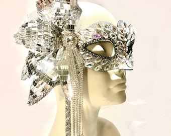 Silver masquerade Ladies Mask- Mardi Gras stick mask