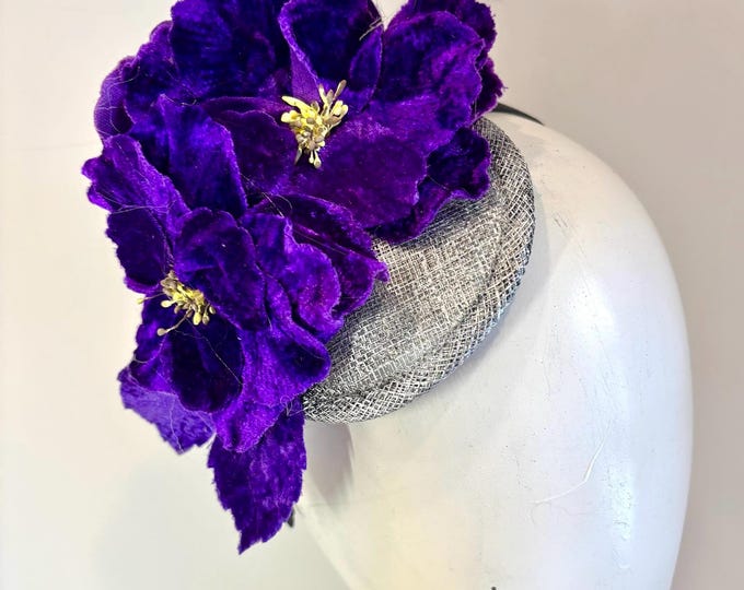 Purple Velvet fascinator- Derby- - Wedding- Made with Vintage velvet flowers