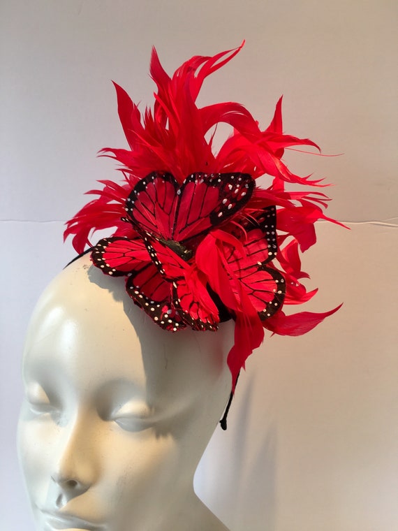 Red Butterfly ? Fascinator Kentucky Derby Hat Red Fascinator Hat, Butterflies & Feathers Kentucky Derby  main image 3