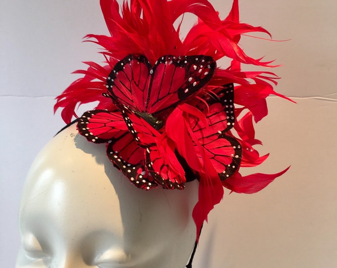 Red Fascinator- Butterfly Headdress -Derby -Wedding