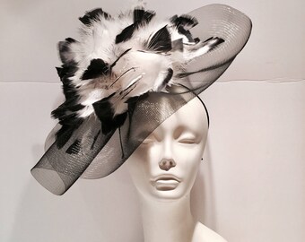 Black Fascinator- Derby Day- Wedding Hats- Large Brim