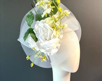 White, Green, Yellow Fascinator Hat - Derby