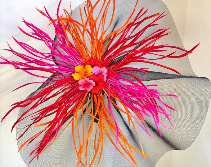 Pink Orange Fascinator- Derby- Horse Race Large Brim- Tea party