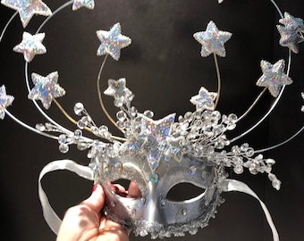 Star Masquerade Mask- Mardi Gras- Diner en blanc -Silver