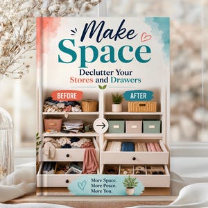 Może przedstawiać: Książka w twardej oprawie zatytułowana Make Space Declutter Your Stores and Drawers. Okładka przedstawia porównanie na podzielonym ekranie, pokazujące zagracone półki i szuflady z napisem Before oraz uporządkowane z napisem After, wraz z tekstem More Space, More Peace, More You.