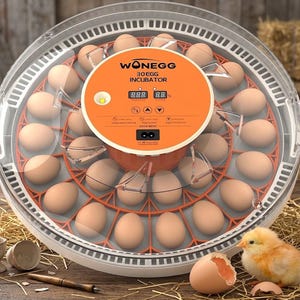 May include: A circular WONEGG 30 egg incubator with a clear plastic dome and an orange control panel featuring digital displays for temperature and humidity. The device holds multiple brown eggs in a radial tray, with a small yellow chick nearby.