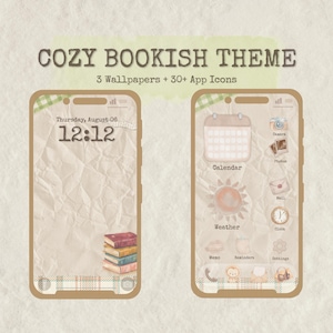 May include: A digital display showing a Cozy Bookish Theme with 3 wallpapers and 30+ app icons. The interface features a beige, crinkled paper background, a stack of books, and various icons for calendar, camera, photos, mail, weather, and clock.