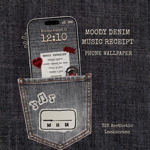 May include: A smartphone displaying a digital wallpaper with a denim texture, a music receipt list, a red heart sticker labeled HOPE, a COOL sticker, and a music player interface. The phone is partially tucked into a dark blue denim pocket.