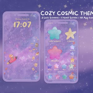 May include: Two smartphone screens displaying a digital interface with a purple galaxy background. The text reads COZY COSMIC THEME, 2 Lock Screens + 1 Home Screen + 40 App Icons. The interface features star-shaped app icons and a small rocket.
