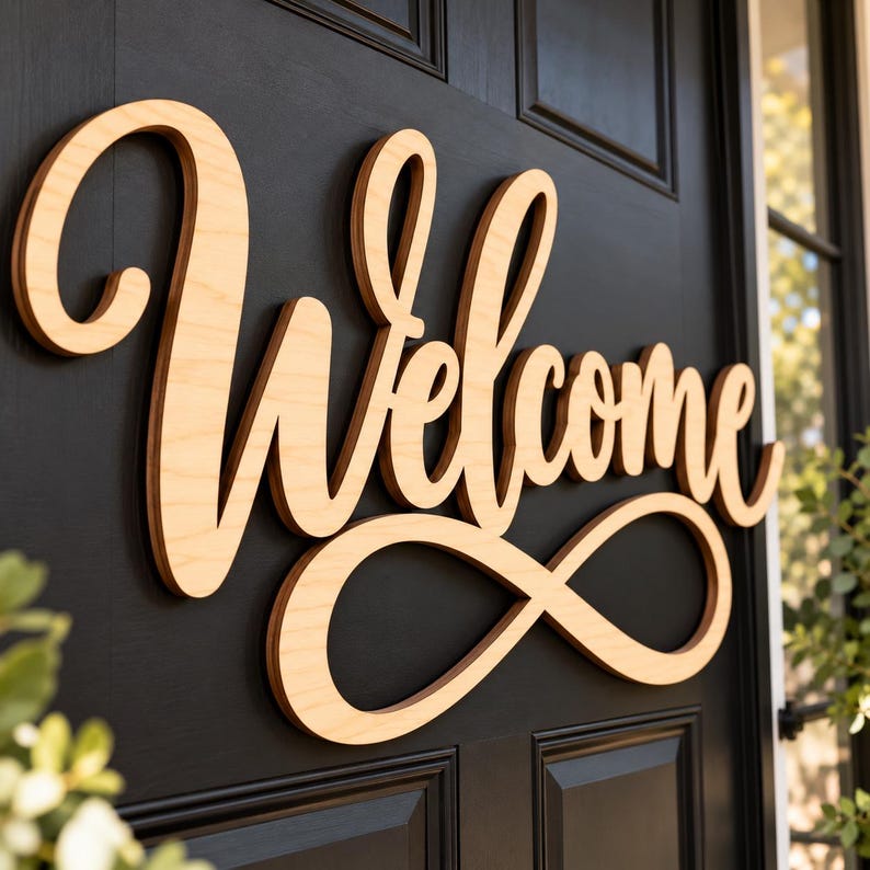 Cursive Infinity Loop Welcome Sign, Natural Wood Door Hanger, Entryway ...