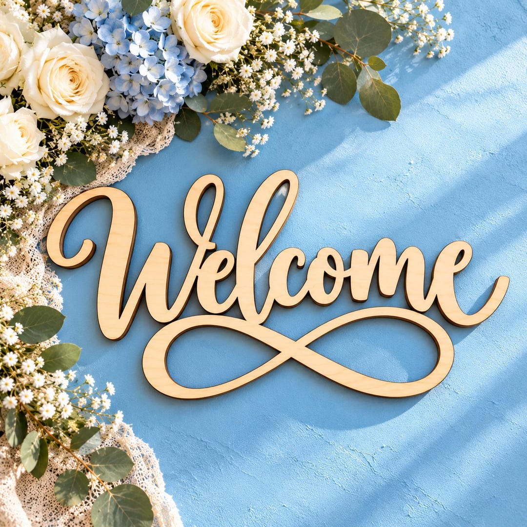 Cursive Infinity Loop Welcome Sign, Natural Wood Door Hanger, Entryway ...