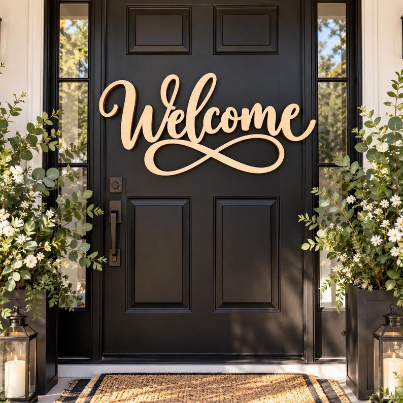 Cursive Infinity Loop Welcome Sign, Natural Wood Door Hanger, Entryway ...