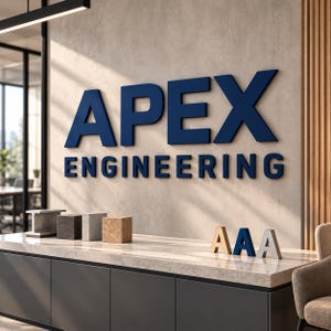 May include: A wall sign featuring the dark blue 3D text APEX ENGINEERING mounted on a light concrete wall. On the counter below, there are four small material blocks and three standing letter A shapes in gold, blue, and silver.