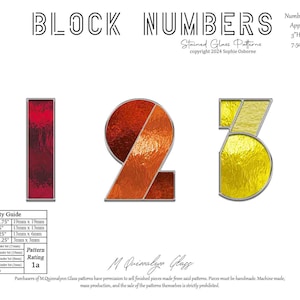 May include: A stained glass pattern for the numbers 1, 2, and 3. The numbers are in a block style font and are made with red, orange, and yellow glass. The pattern is labeled "Block Numbers" and includes the copyright information "copyright 2024 Sophie Osborne".