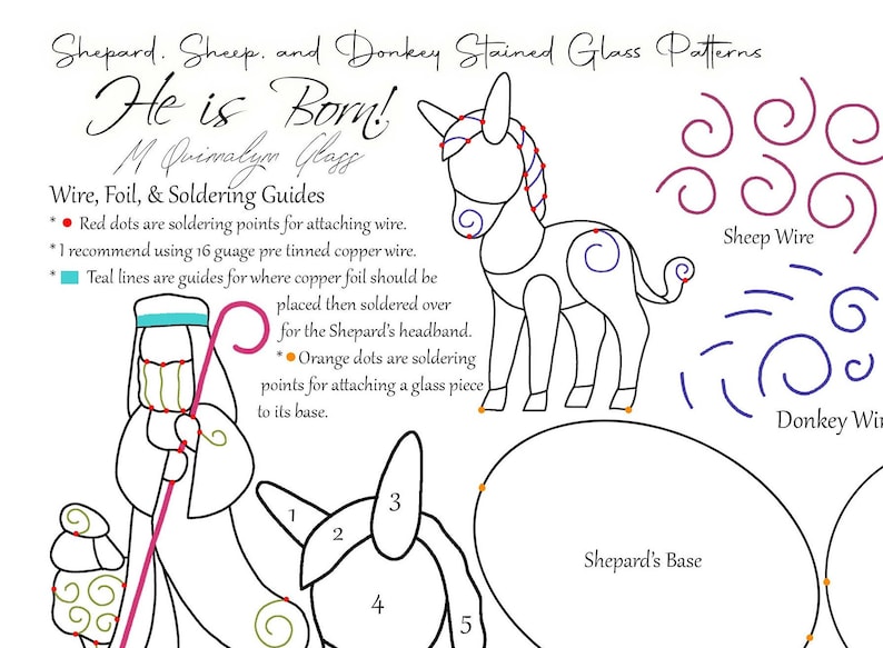 May include: Stained glass patterns featuring a donkey, sheep, and shepherd, with the text "He is Born!" and instructions for wire, foil, and soldering. Includes diagrams for wire and base shapes, with soldering points marked.
