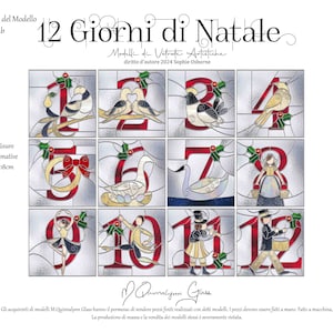 May include: Twelve stained glass designs for a Christmas advent calendar. Each design features a number from 1 to 12, with a different Christmas-themed image for each number. The designs are approximately 18 inches by 18 inches.